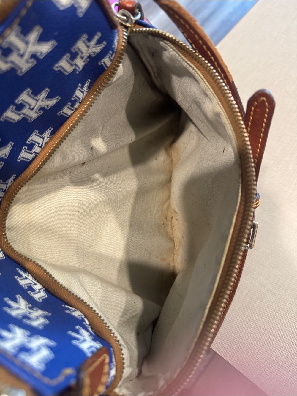 Dooney & Bourke Blue Pattern Logo Crossbody with Brown Leather Trim - Picture 8 of 8
